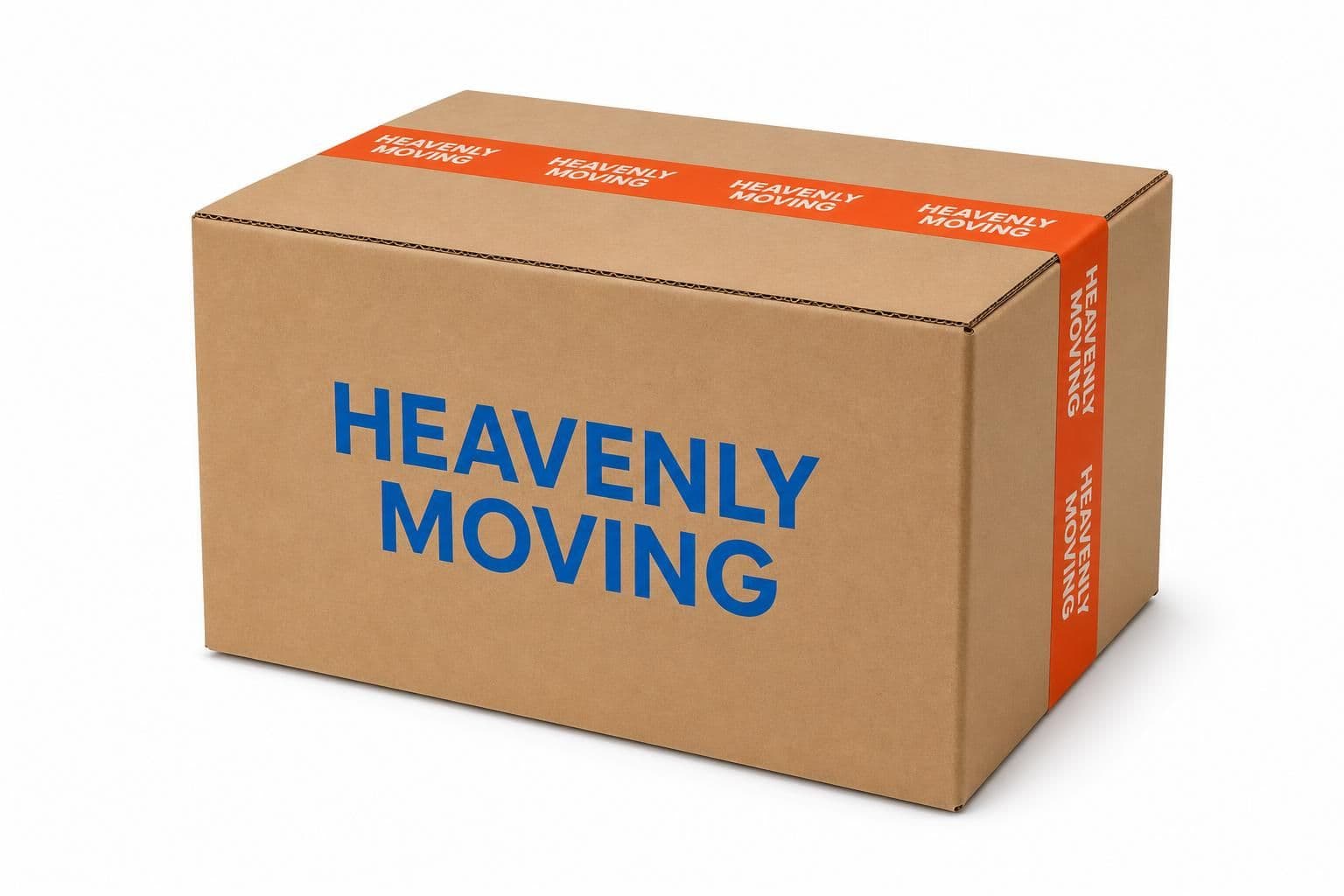 Heavenly Moving navy and orange branded heavy-test double-wall moving box with room checklist