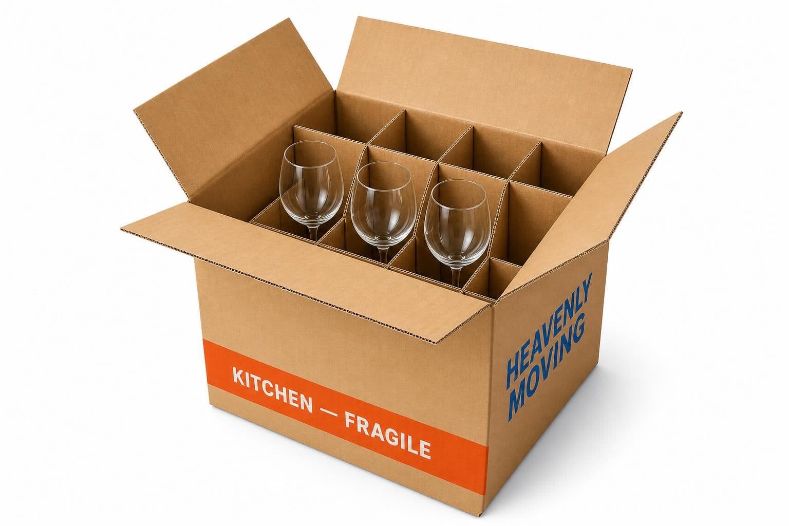 Heavenly Moving navy and orange dish-pack box with cell-pack partitions and wine glasses
