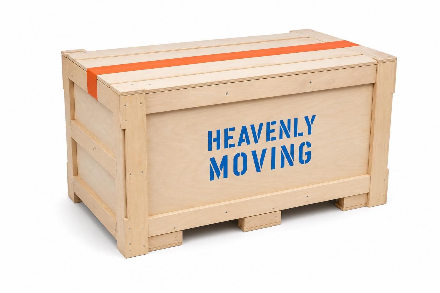 Custom-built wood crate around a glass tabletop with foam corners and Heavenly Moving branded tape