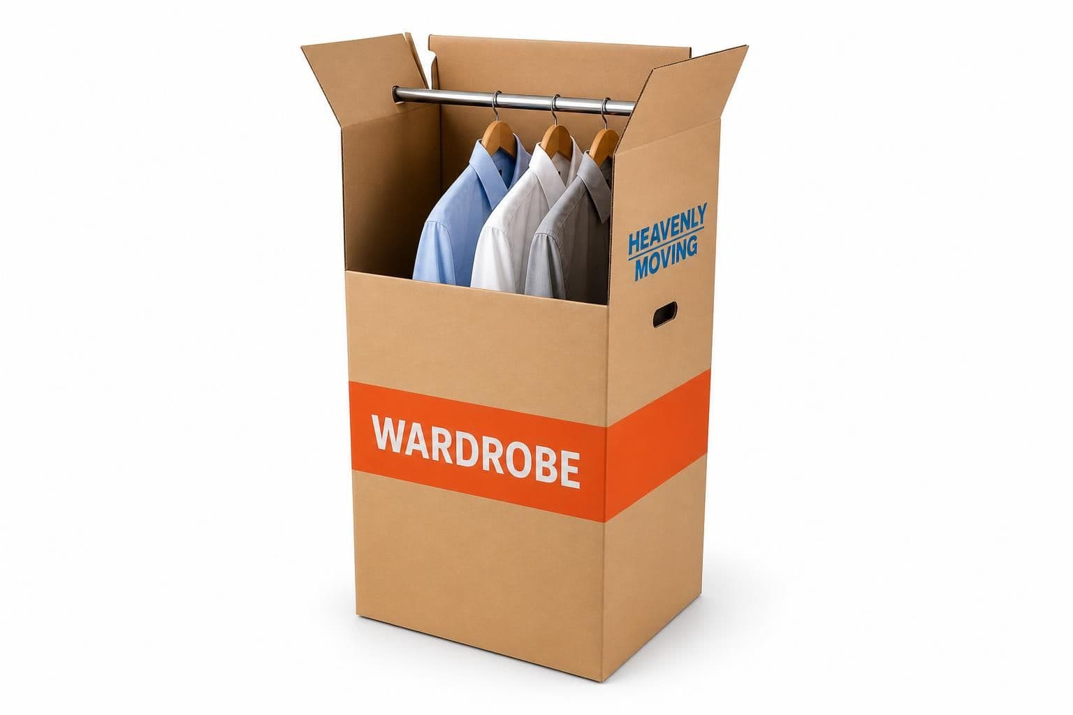 Heavenly Moving navy wardrobe box with orange WARDROBE band and shirts on hangers