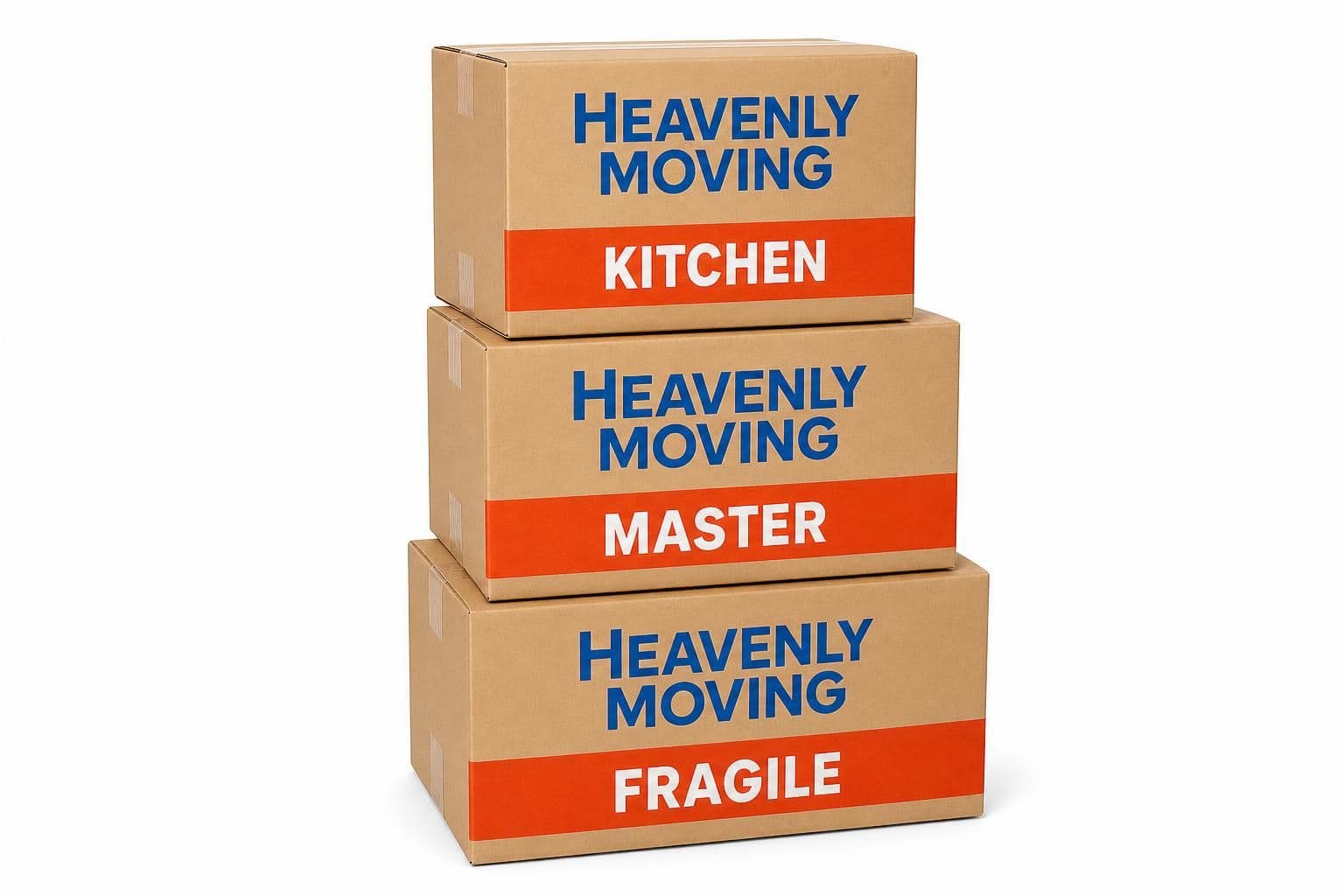 Three stacked Heavenly Moving navy boxes with orange KITCHEN, MASTER, and FRAGILE room labels