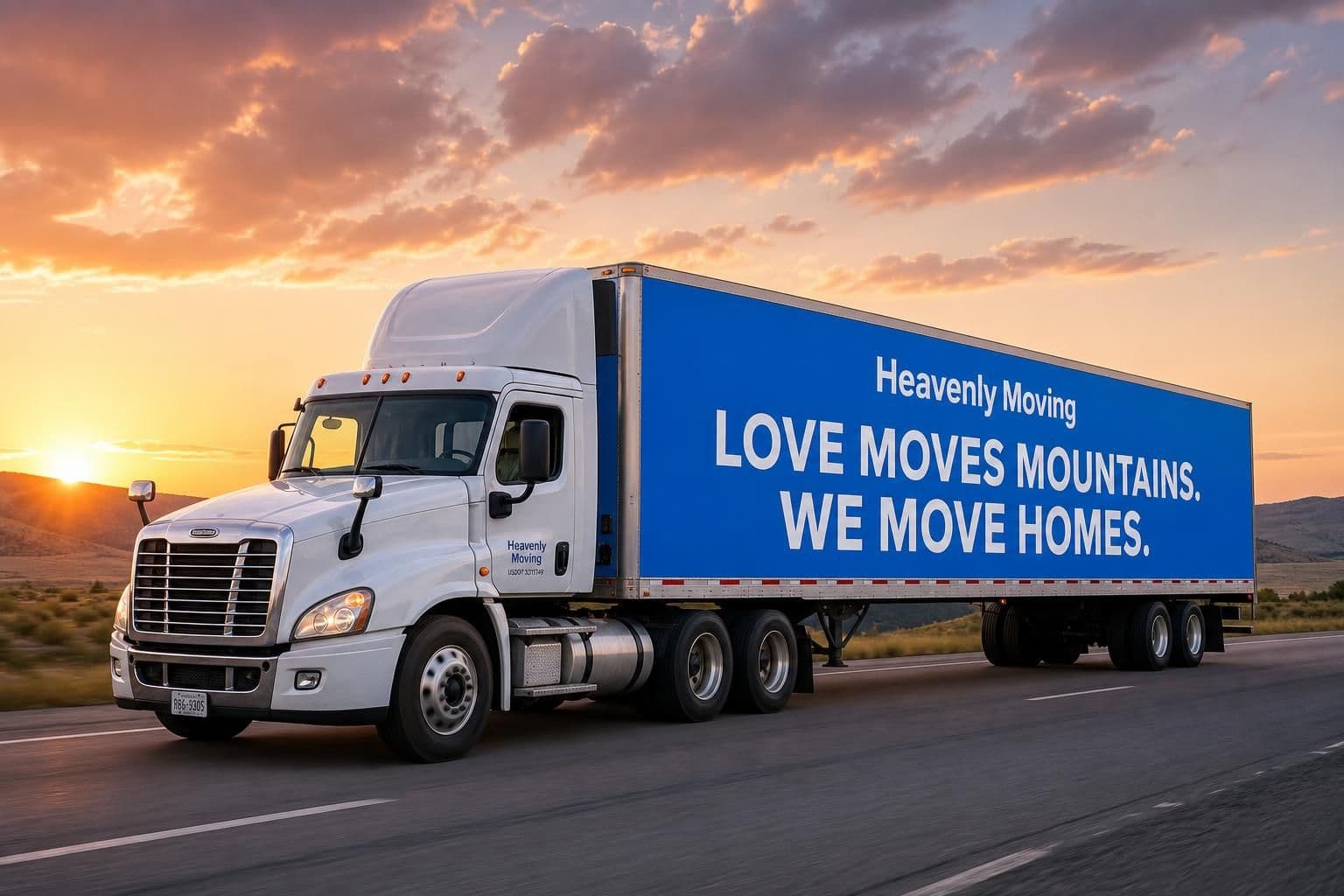 Heavenly Moving semi-truck on an open Texas highway at sunset with 'Love moves mountains. We move homes.' painted on the trailer