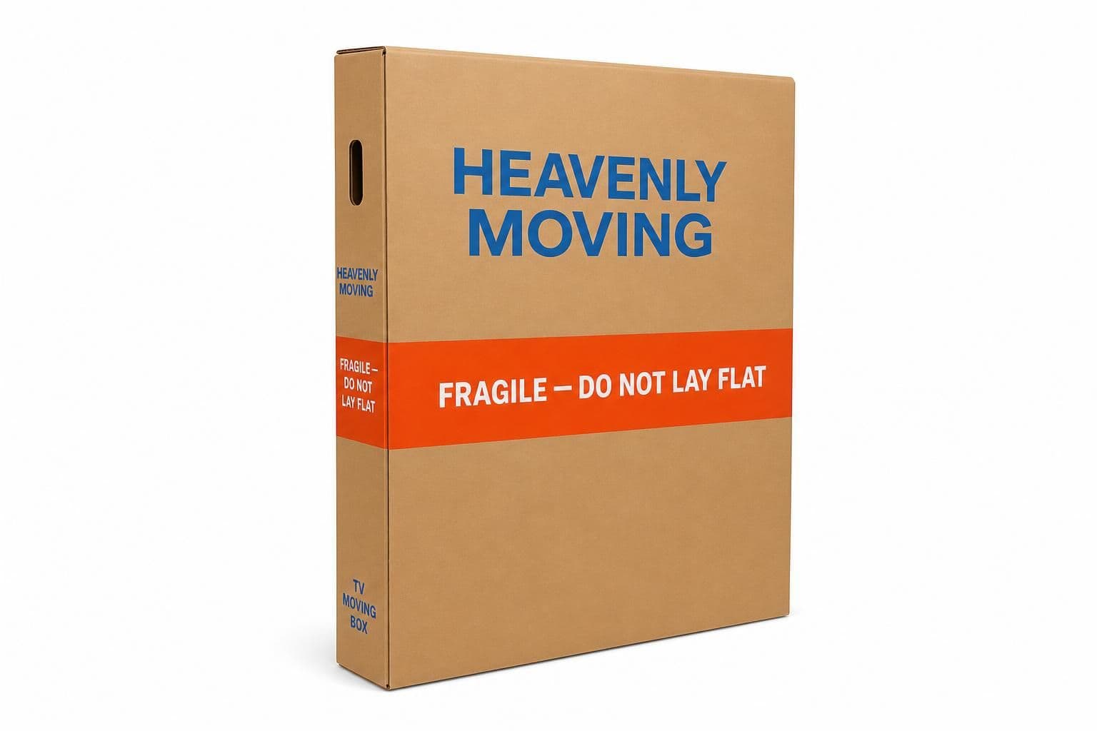 Heavenly Moving navy TV carton with orange FRAGILE — DO NOT LAY FLAT band